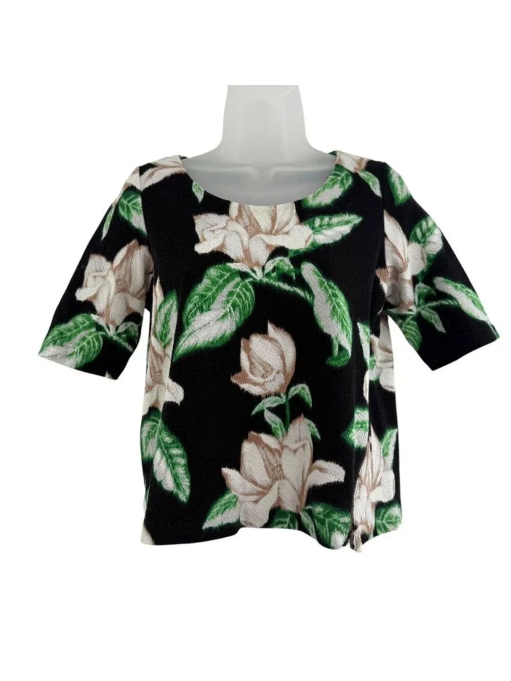ANTHROPOLOGIE Postmark Kobus Magnolia Floral Print Zipper Top Black Green Small